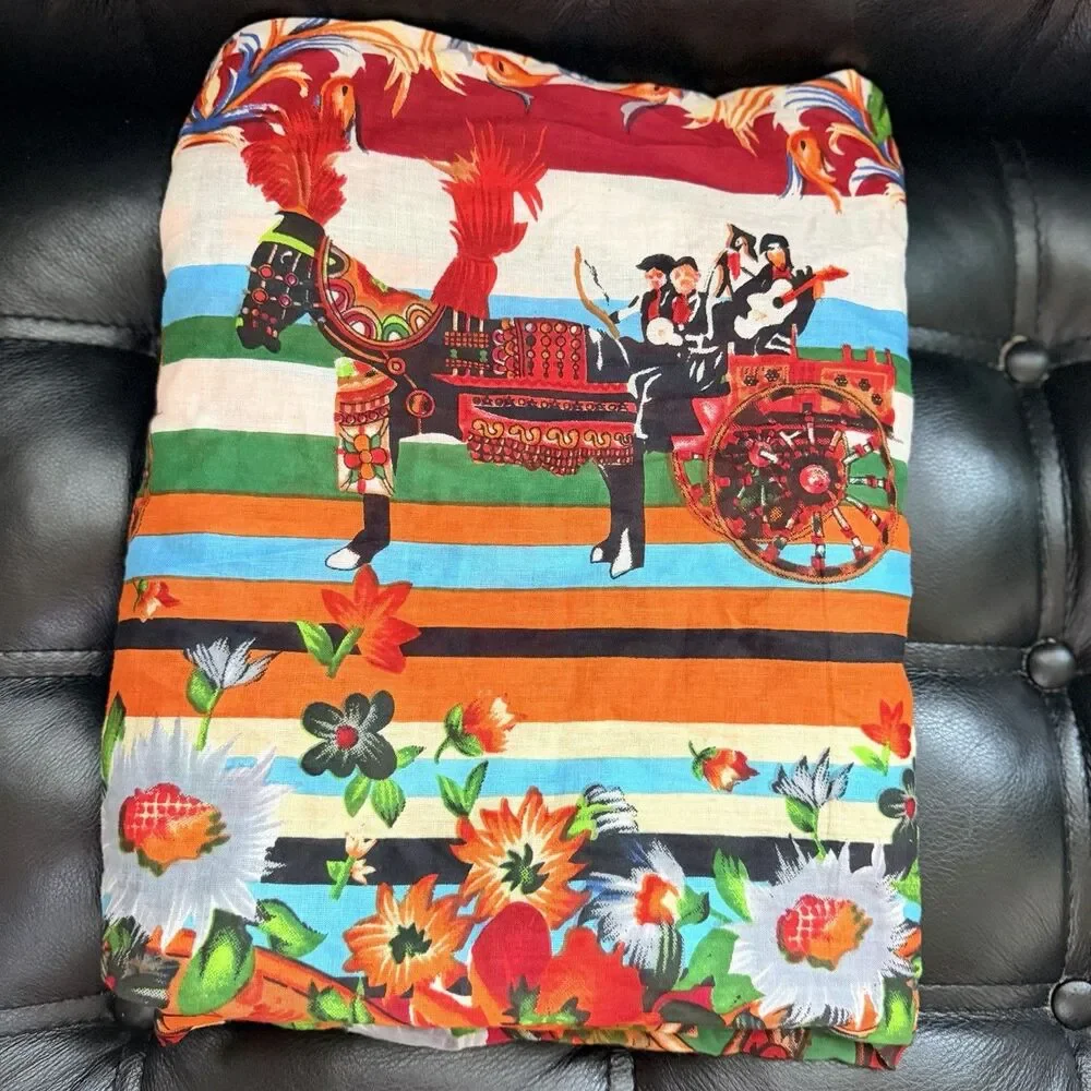 Positano by Jean Paul Oversized Cotton Scarf Floral Horse Carriage Shawl Wrap